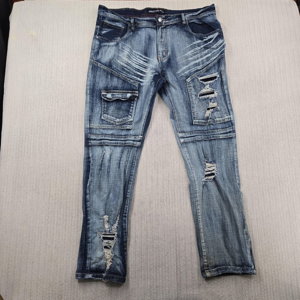 Arketype Jeans Mens 40x32 Blue Distressed Moto Cargo Denim Tapered Pants Ripped